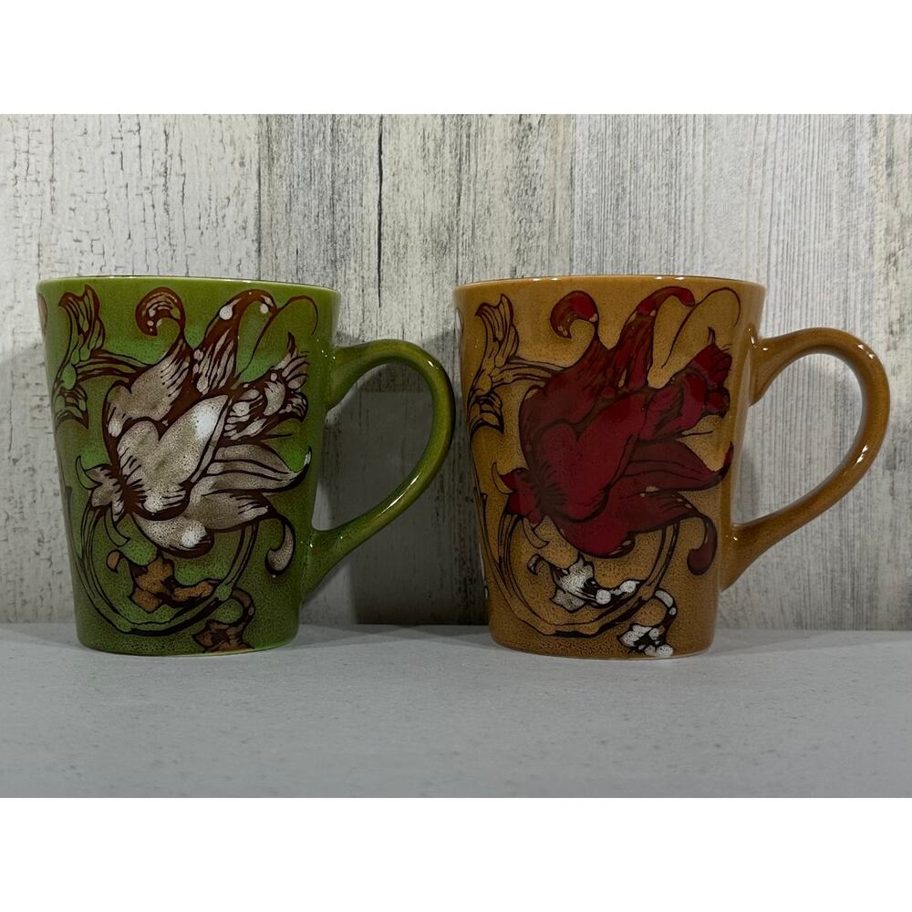 Floral Coffee Mugs Set of 2 Ceramic Earth Tones MCM Gold Green‎